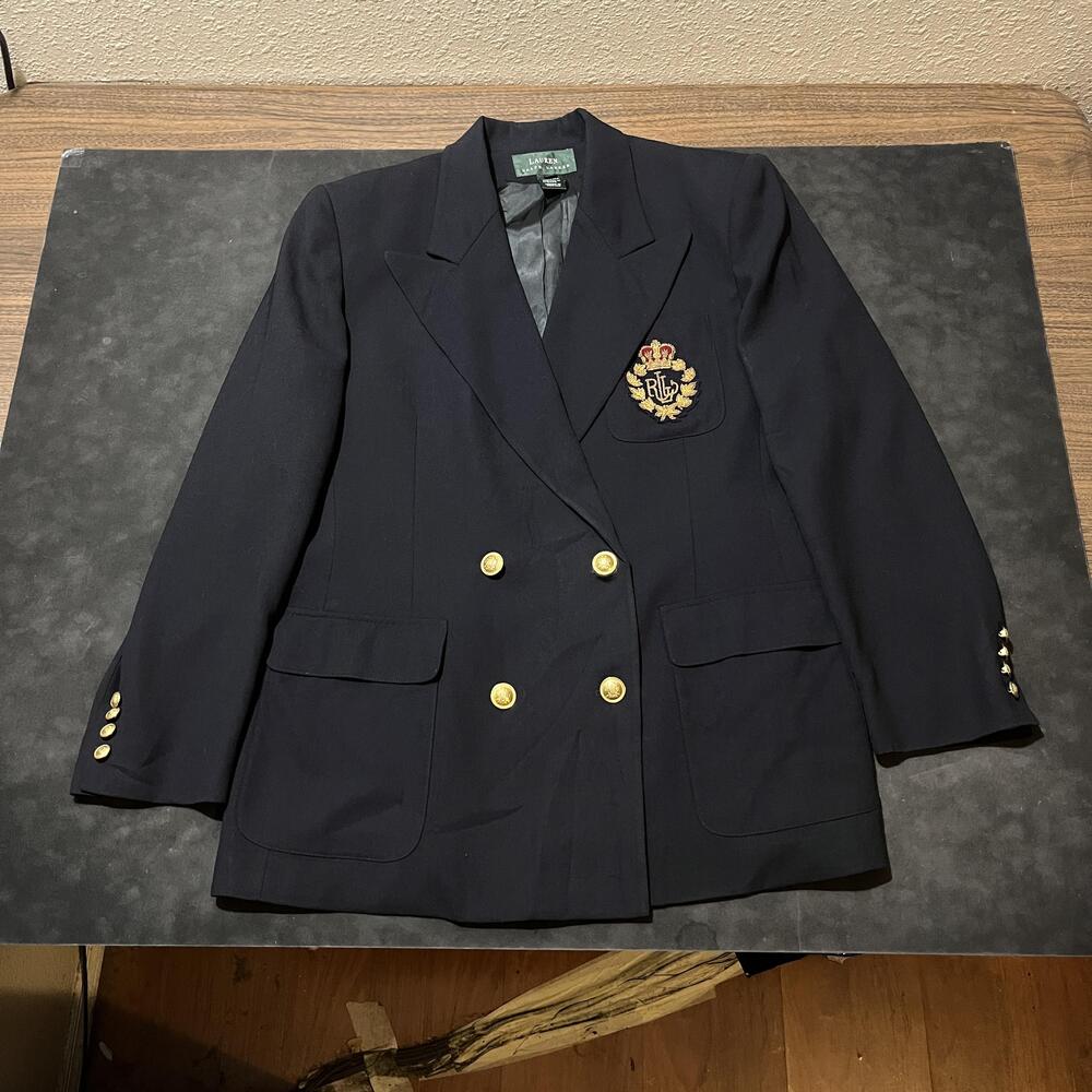 Vintage Ralph Lauren Royal Crest Blazer Womens 16 Wool Double Breasted Made USA
